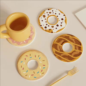 YESPERY 2Pcs Kawaii Donut-Shaped Wood Coaster Absorbent Cup Mat for Office Desk Heat Resistant Table Protector