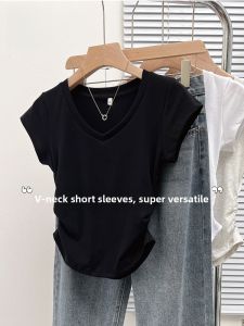 Miiow | Cat Lady Black V-Neck Short Sleeve Womens T-Shirt Summer 2025 New Hot Waist-Cinching Half Sleeve Korean Style Spicy Girl T-Shirt