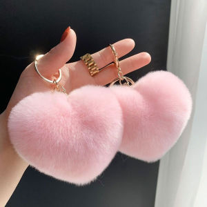 New Year Heart Shaped Cute Furry Ball Keychain Car Keyring Bag Decorations Womens Creative Gift Plush Ornament Book Bag Accessories