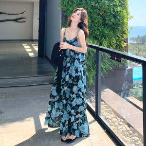 Váy Mùa Hè Không Tay Màu Xanh Hoa Kiểu Pháp Mới 2025 Váy Nữ Đi Biển Chất Lượng Cao Váy Chữ a Cạp Cao Không Tay Mùa Hè