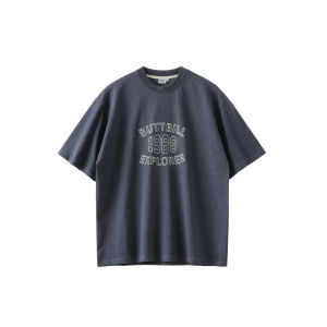 Buttbill Retro Embroidered Logo Cotton T-Shirt Loose Shoulder Summer Short Sleeve Mens Casual round Neck Tee for Couples