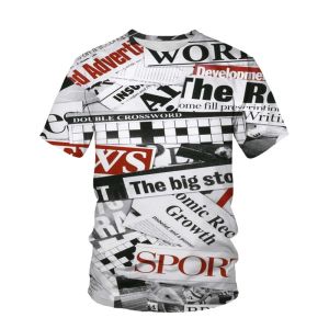 Summer New Mens T-shirt 3D Printing English Newspaper Pattern Personality Casual Mens Wear Home Support V-neck Short Sleeve