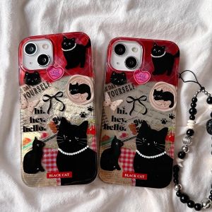 Cute Black Cat Phone Case for Huawei Nova13Pro/12se Full Cover Anti-Fall Womens Style with Lanyard Cartoon Simplistic Design