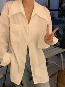 Loose Fit Double Zipper White Shirt Womens Spring Autumn New Style Korean Lazy Style Layering Design Sensation Niche Shirt