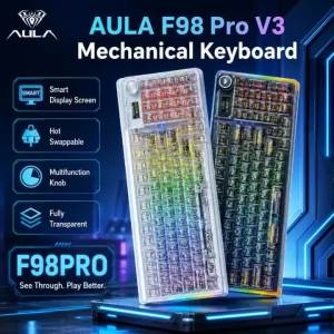 AULA | AULA F98PRO V3 Mechanical Keyboard Transparent Keycaps RGB Wireless Bluetooth Hot Swappable Gaming Keyboard With Screen Knob