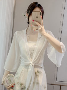 เสื้อคลุมผ้าไหมน้ำแข็งสีขาว เสื้อคลุมกันแดด เสื้อคลุมผ้าชีฟองสำหรับผู้หญิง เสื้อคลุมกันหนาวแบบมีสายรัด แขนยาว 7 นิ้ว คอวี สไตล์เกาหลี