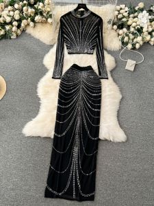Elegant Lady Style Set Womens Luxury Heavy Embellished Long Sleeve Top Half-Skirted Dress Trendy Mesh See-Through Gown