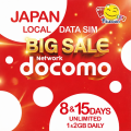 【Big Sale】Japan 【Unlimited】 Local Data Travel Sim Card (Docomo) - 8 & 15 Days / 1GB & 2GB Daily. 