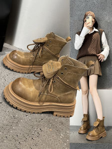 British Style Fleece Lined Genuine Leather Martin Boots Womens Autumn Winter Thick Heel Motorcycle Short Boots Tie Design