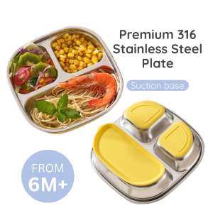 SUS316L Stainless Steel Suction Plate 3 Grid Kids Feeding Plate BLW Eating Food Plates