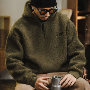 Autumn Winter Mens Thickened Fleece Hoodie Casual Lamb Velvet Sweatshirt Zipper Decoration Side Pocket Loose Fit Teenager