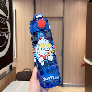Tritan Plastic Straw Cup for Boys Kids Water Bottle Portable Dual Drink Utensils Cute Cartoon Design Kindergarten Student Cup