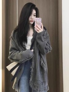 plus Size Knitted Sweater Womens Autumn Winter Loose Long Sleeve Grey Open Cardigan Trendy Casual Style Korean Style Top