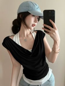 GUZILIAN | Korean Style Fashion Drop Neck Pleated Halter Sleeveless Slim Short Fake Two-Piece T-Shirt