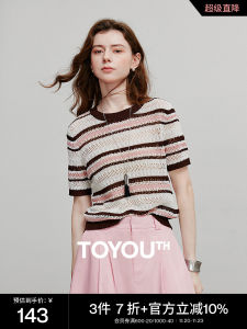 Lightweight Hollow out Short Sleeve round Neck Knitted Top Womens Summer New Style Retro Striped Ice Curved Knitwear