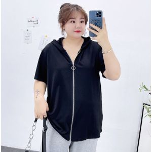 plus Size Zipper Short Sleeve T-Shirt Women Summer Loose Slimming Belly Covering Cardigan Stylish Top Casual Wear Daily Use