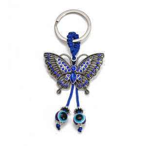 Lucky Eye Alloy Butterfly Pendant Keychain Blue Turkish Evil Eye Bead Tassel Alloy Car key Chain for Women Men Jewelry BE268