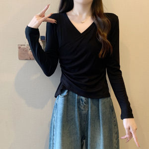 plus Size Womens Long Sleeve V-Neck T-Shirt Slimming Bottoming Shirt Cover Belly Design Spring Autumn New Style Korean Version