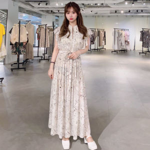 Summer 2021 High Waist Slim Fit Pleated Floral Print Belted Dress Japanese Style Sweet Long Skirt without Sleeve Womens Clothing