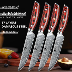 WILDMOK 4 Pcs Damascus Steak Knife Set Japanese Super VG10 Steel Multifunctional Kitchen Knife with Full Tang G10 Handle