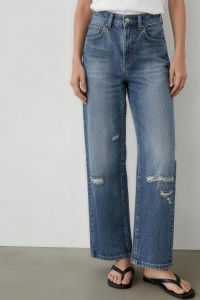 MANMI | Quần Jeans Xanh Ripped Vintage Dáng Suông Đơn Giản