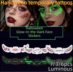 1/3/6pcs Luminous Halloween Face Bloodstain Tattoo Sticker Water Proof Freckle Tattoo Stickers Halloween Party Makeup Sticker