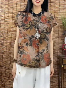 QINGNAER | Fashionable Color Matching Retro Print Design Anti-Aging Short Sleeve Shirt Plus Size