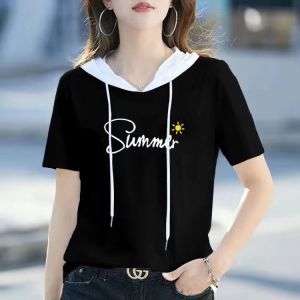 Loose Fit Color Block Printed Hoodie T-Shirt Womens Short Sleeve Fashionable Slimming Age-Defying Versatile Summer New Arrival