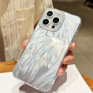 Luxury Silver Feather Laser Plating Glitter For iPhone 18 Pro Max 17 16 Plus 12 13 14 15 11 Simple Fashion Shockproof Cover
