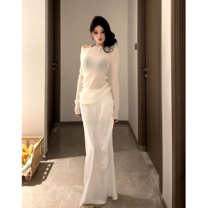 French Elegant White Satin Draped Slim Fit High Waist Womens Skirt Midi A-Line Skirt Versatile Bodycon Tapered Hemline