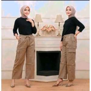 Kulot wanita dewasa celana cargo american drill pinggang full karet