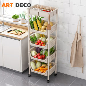 Multi-Layer Storage Shelf Trolley with Wheels Movable Organizer Rack Vegetables Basket Storage Kitchen Organizer Storage Rack Kitchen Storage Basket