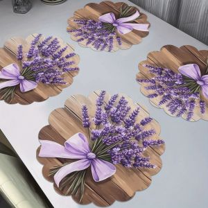 VIKAMA 4PC Lavender Countryside Style Meal Mat Purple Lavender Bouquet Bow Round Anti Heat Mat Table Decoration