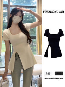 เสื้อยืดแขนสั้นถักผ้าไหมน้ำแข็งสีขาว ทรงเข้ารูป ทรงเข้ารูป ช่วงไหล่ รัดเอว รัดเอว ทรงเข้ารูป เสื้อผ้าทำงานฤดูร้อน