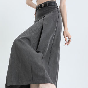 Váy Blazer màu xám cạp cao – Vải sợi polyester dài nửa chiều chữ A phong cách mặt ngựa JK thời trang với chi tiết bỏ túi vải xếp nếp
