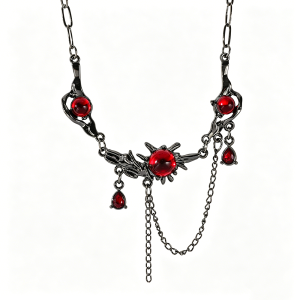 Bandai | Hiphop Red Zircon Pendant Necklace for Men Chokers Black Chain Red Crystal Waterdrop Tassel Double Layered Neck Chain