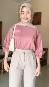 Melodyoutfit - 3in1 Hijab Outfit Set Pastel Elegan Setelan Hijab Modis Cream-Pink Hijab Fashion Set AA397