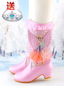 Girl High Heel Boots Winter Fleece-lined Princess Elsa Boots Childrens Thin Cotton Shoes Three-Year-Old Soft Leather Girl Middle Boots