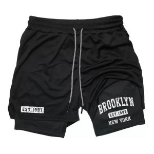 NEW Men Summer Layer Letter Breathable Mesh Shorts 2-in-1 Quick Dry Double Deck Gym Moisture-Wicking Running Towel Loop Shorts