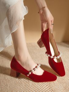 เรียบหรู Pearl Embellished ภาษาฝรั่งเศสคําส้นต่ํา Mary Jane รองเท้าผู้หญิงรองเท้าส้นสูงสีแดงรองเท้าแต่งงานเหมาะสําหรับ < Ne1> ชุด