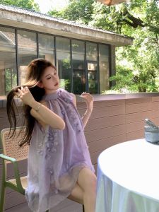 GUZILIAN | French Gentle Style Purple Design 3D Flower Hanging Neck Chiffon Top Women Summer Loose Casual Versatile Top Sweet Style