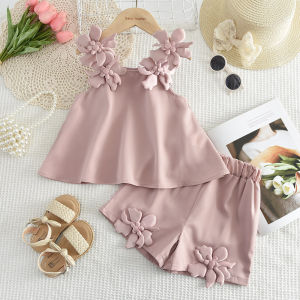 Bear Leader Kids Outfits Baby Girls Clothes Sets Korean Version Childrens Suit Summer 3D Flower Pink Sleeveless Vest Tops + Shorts 2Pcs Set 3 to 7 Years Childrens Clothing Casual Wear