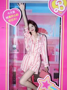 Pink Striped Ice Silk Sleepwear Set Womens Home Clothes Sweet Cute Style Long Pants Long Sleeve Shirt Lapel Summer Casual