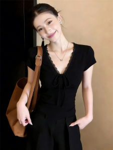 Black Lace V-Neck Slim Fit Short T-Shirt