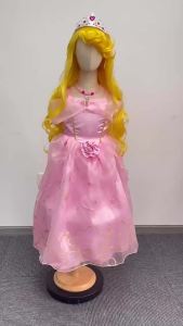 Aurora Pink Princess Dress Costume Set with Crown Wand Gloves Necklace for Girls Halloween Party Fairy Tale Role Play Outfit