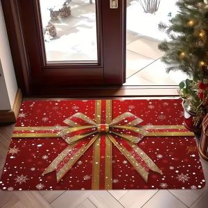 VIKAMA Merry Christmas Doormat Blue Santa Claus Bell Holly Snowflake Print Non Slip Rug For Front Door Entryway Home Decor