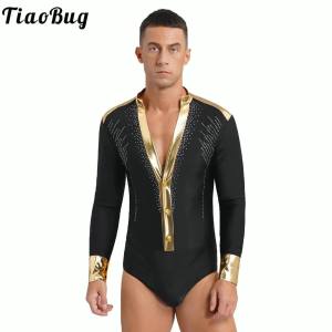 ผู้ชายละติน Tango Rumba เสื้อเต้นรำ Leotard ยิมนาสติกบอดี้สูท Gold Trim V คอ Rhinestones Ballroom Chacha Rumba Dancewear