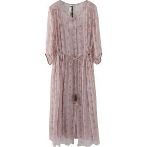 Miccbeirn | Silk Chiffon Floral Print Mini Dress See Through Waist Cinched Beach Style Sweet Fairy Atmosphere Slimming Sandworm Silk Long Skirt