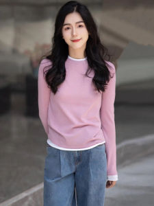 Womens Wool Knitted Long Sleeve Sweater Spring Autumn New Style Patchwork Base Layer Top Commute Korean Style Regular Fit