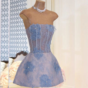 French Lace Patchwork Strapless Elegant Waist-Cinching Slimming Summer Dress